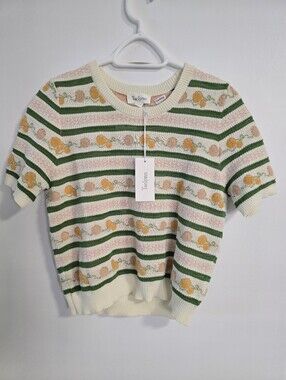 TAELYNN Cream RETRO STYLE Vintage Green White Orange Knit Top Short Size L